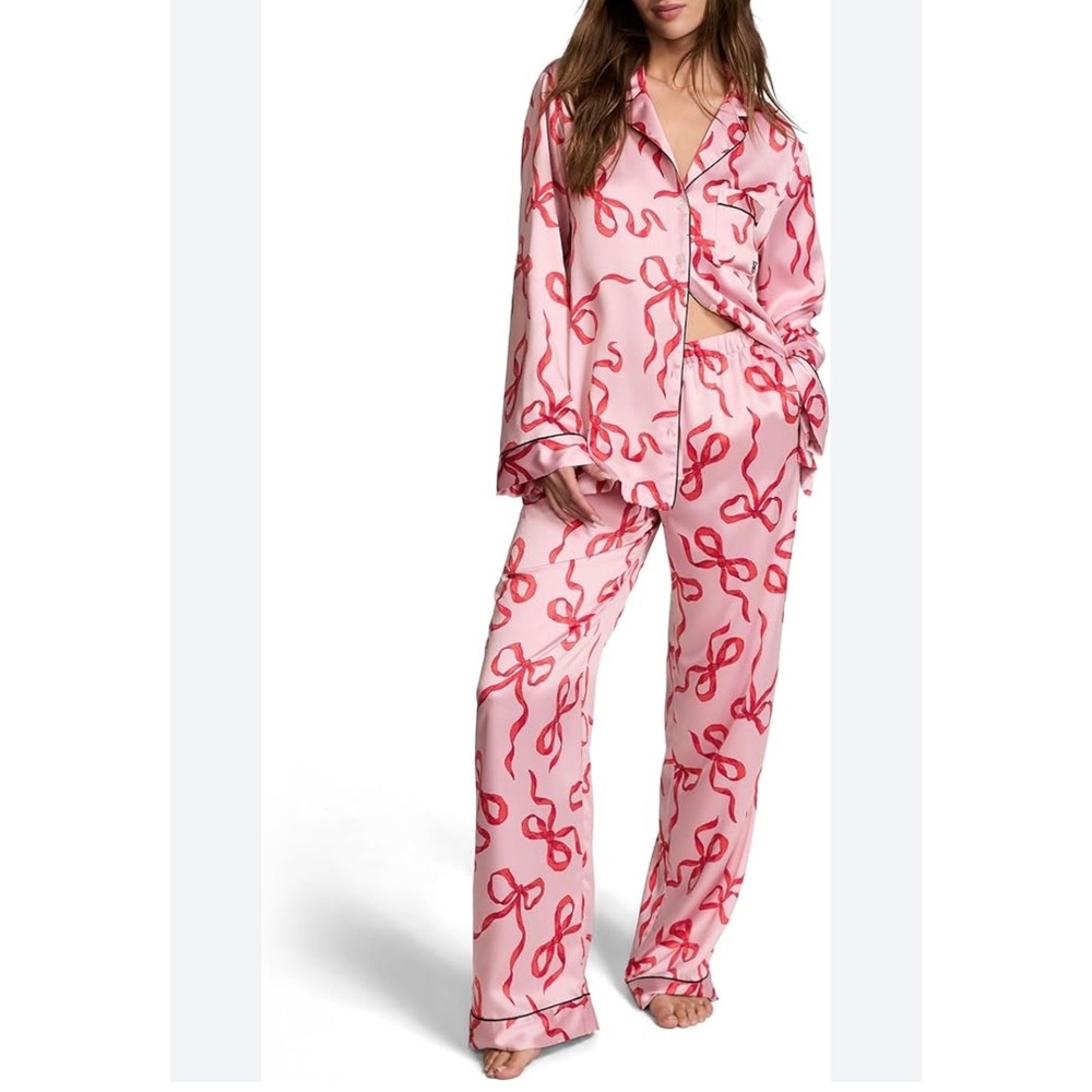 Victoria's Secret Pink Red Bow Print Satin Pajama Set Long Sleeve Large Womens
